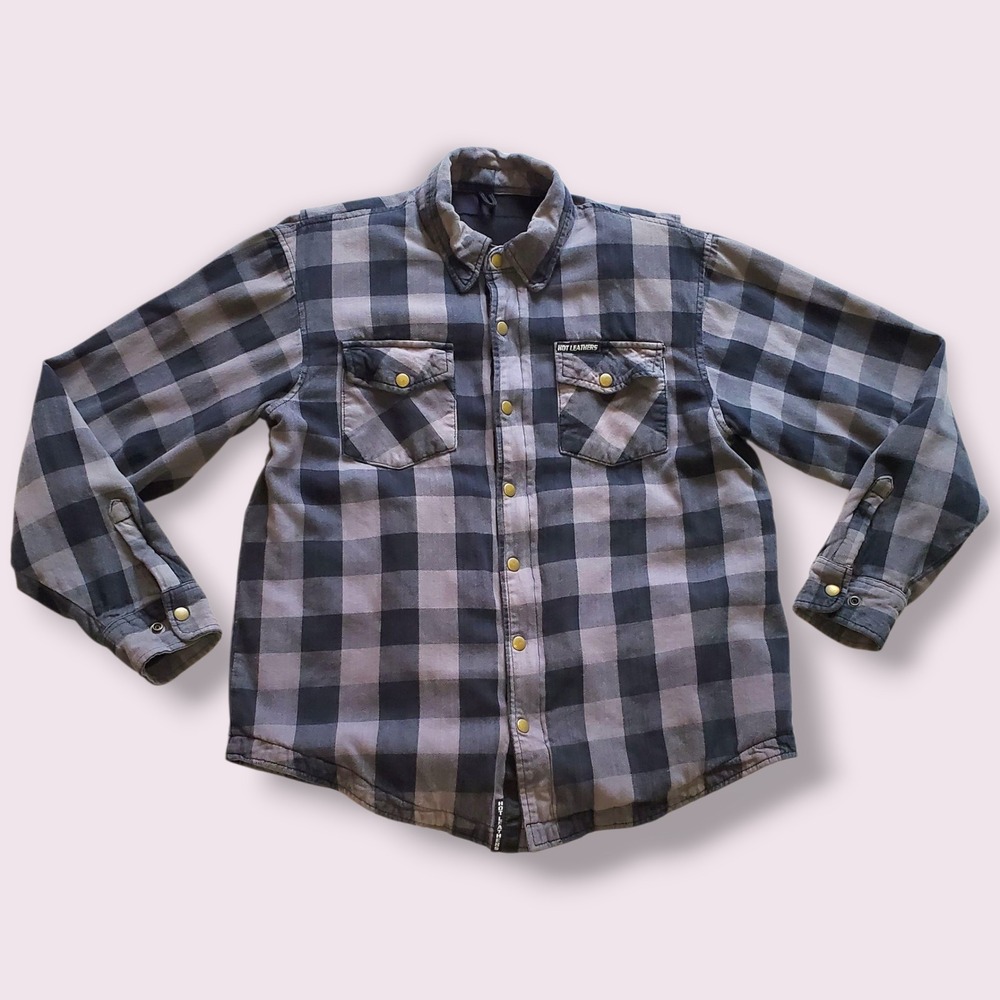 Hot Leathers Plaid Flannel Shirt Mens L Gray Black Biker Motorcycle Zip Sleeve